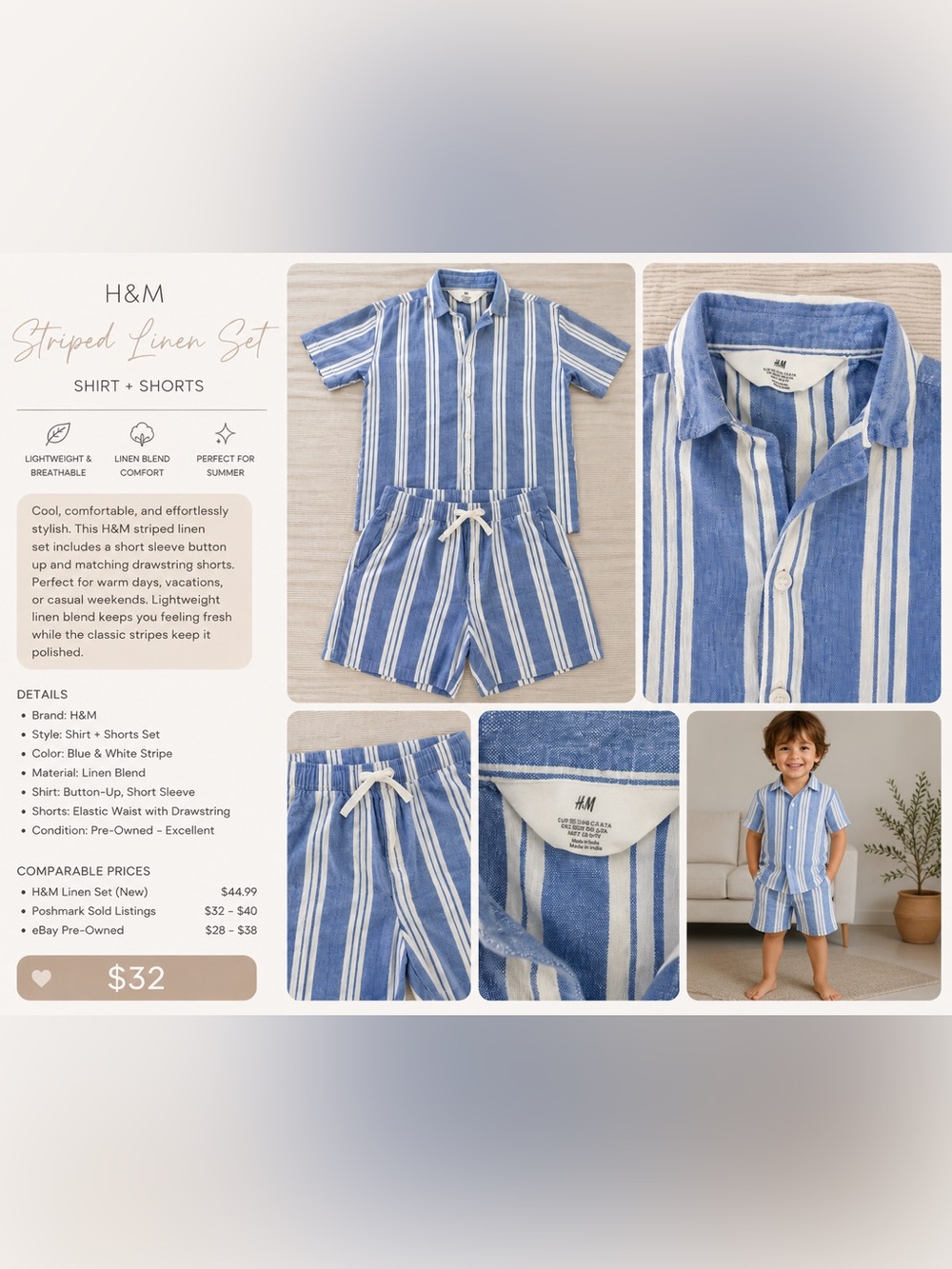 H&M Blue & White Striped Linen-Blend Kids Pajama Set